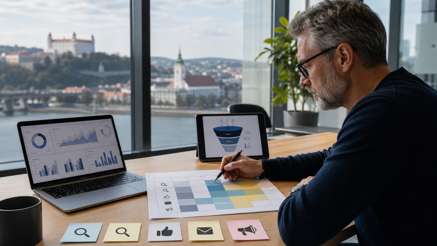 Marketingový stratég Teapot rozdeľuje rozpočet medzi online kanály a fázy nákupnej cesty