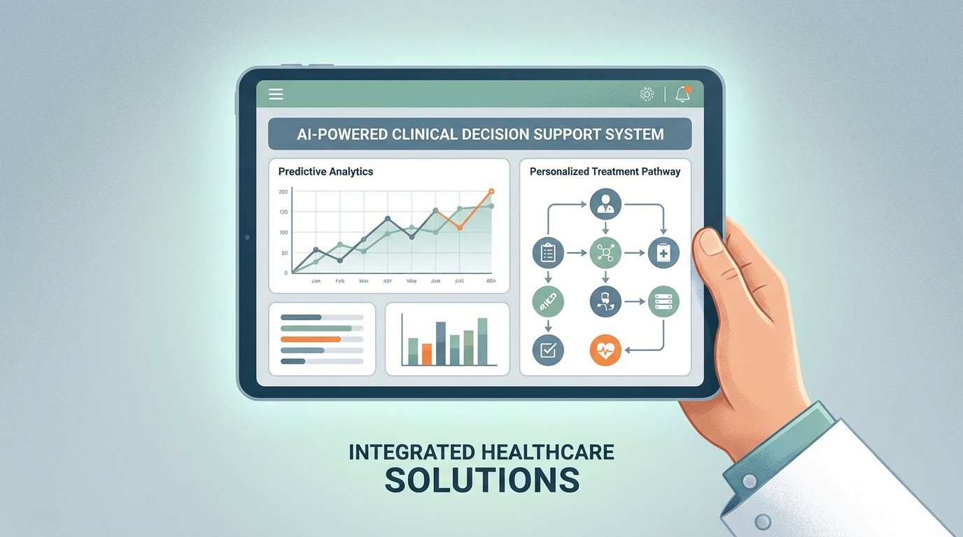 AI-powered clinical decision support system integrated into a doctor electronic health record screen, showing predictive analytics and personalized treatment pathways