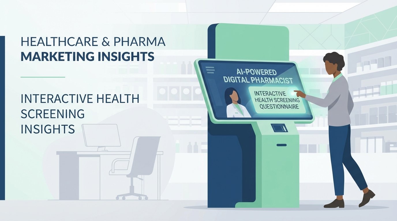 AI-powered digital pharmacist kiosk in modern pharmacy with interactive health screening questionnaire on touchscreen, replacing traditional doctor consultation