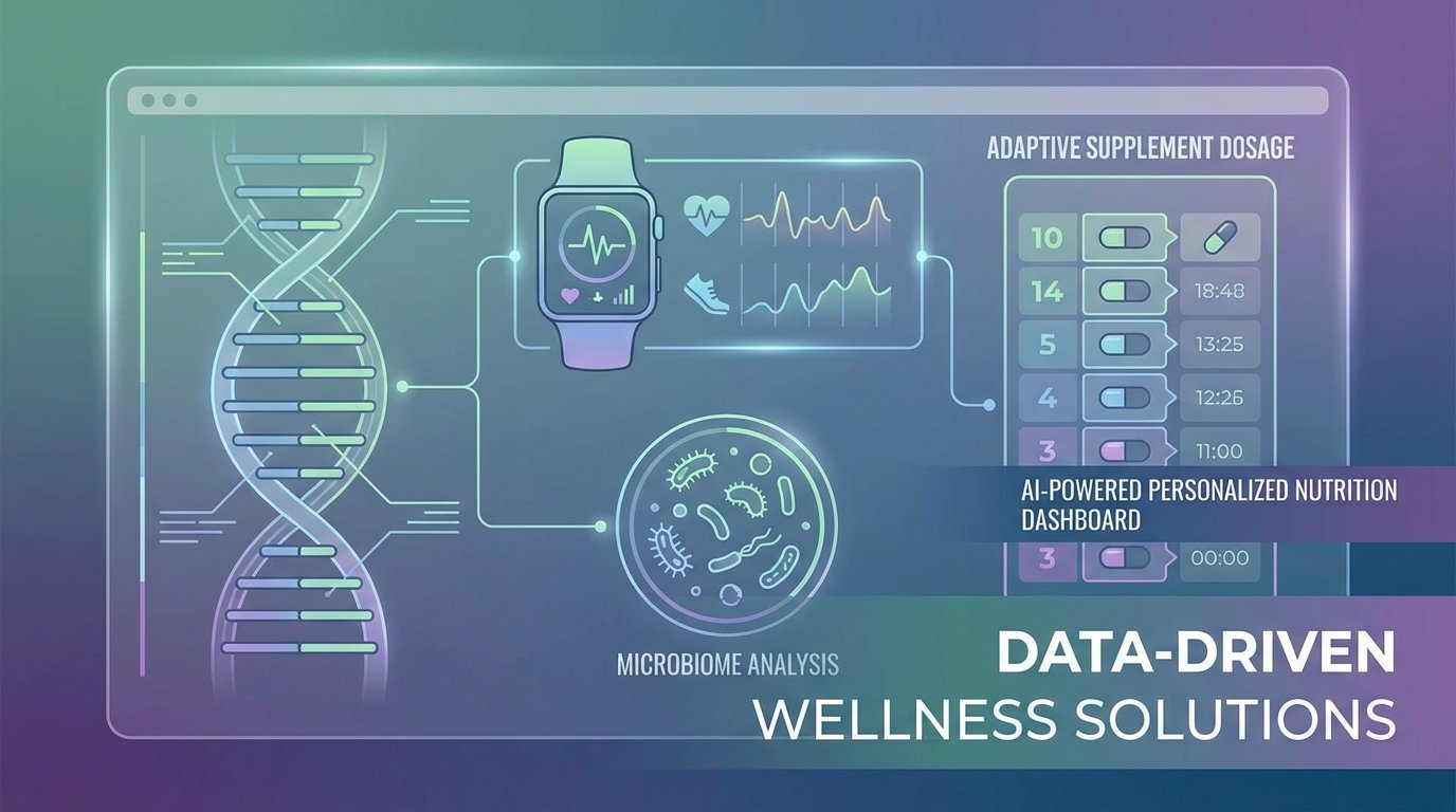 AI-powered personalized nutrition dashboard showing DNA helix, wearable device data streams, microbiome analysis, and...