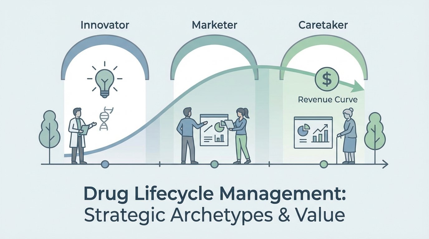 Three strategic archetypes timeline showing Innovator, Marketer, and Caretaker phases of drug lifecycle management with revenue curve overlay