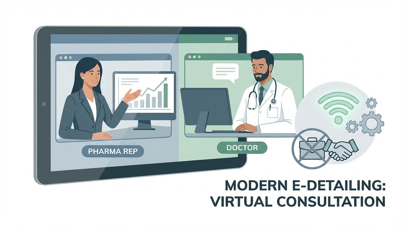 Modern e-detailing video consultation between pharmaceutical representative and doctor on digital screen, replacing...
