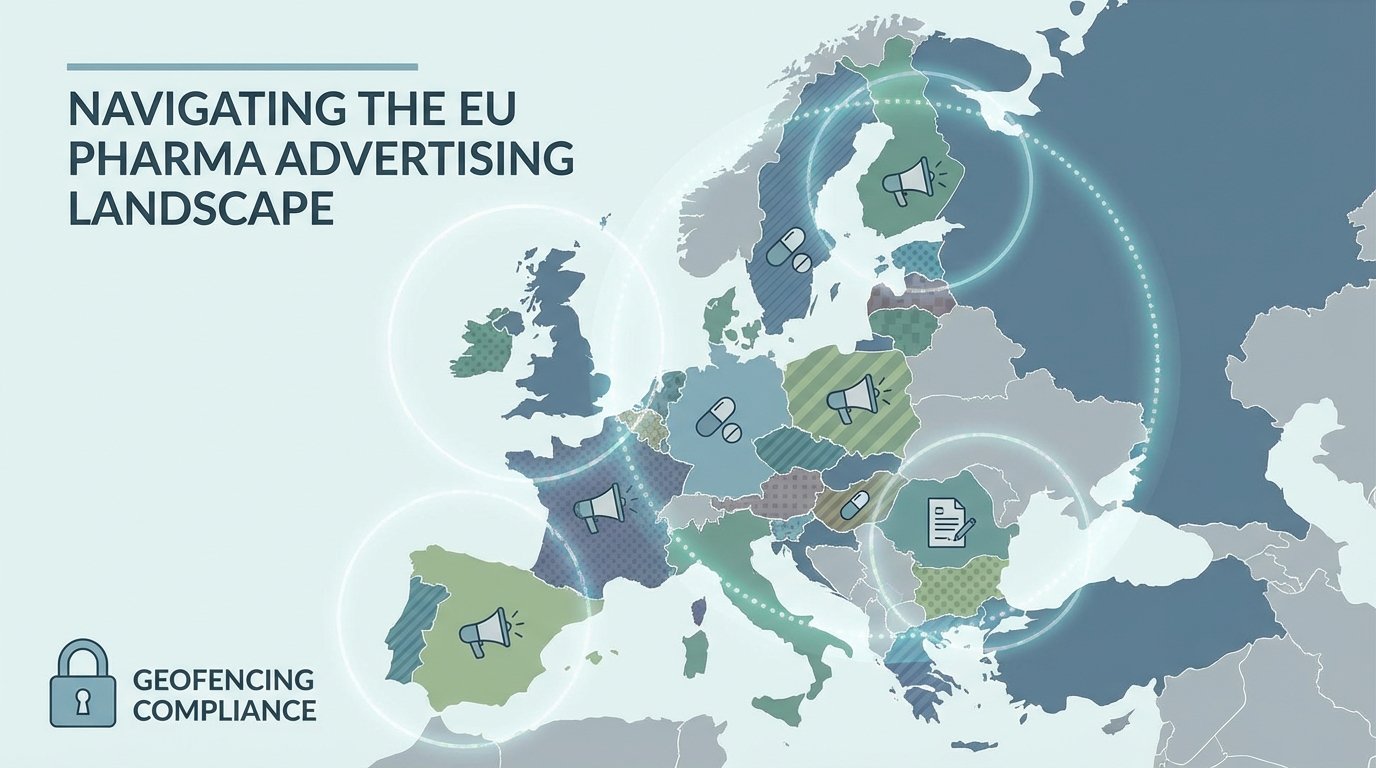 European Union regulatory patchwork map showing different pharmaceutical advertising rules per member state with geofencing compliance challenges