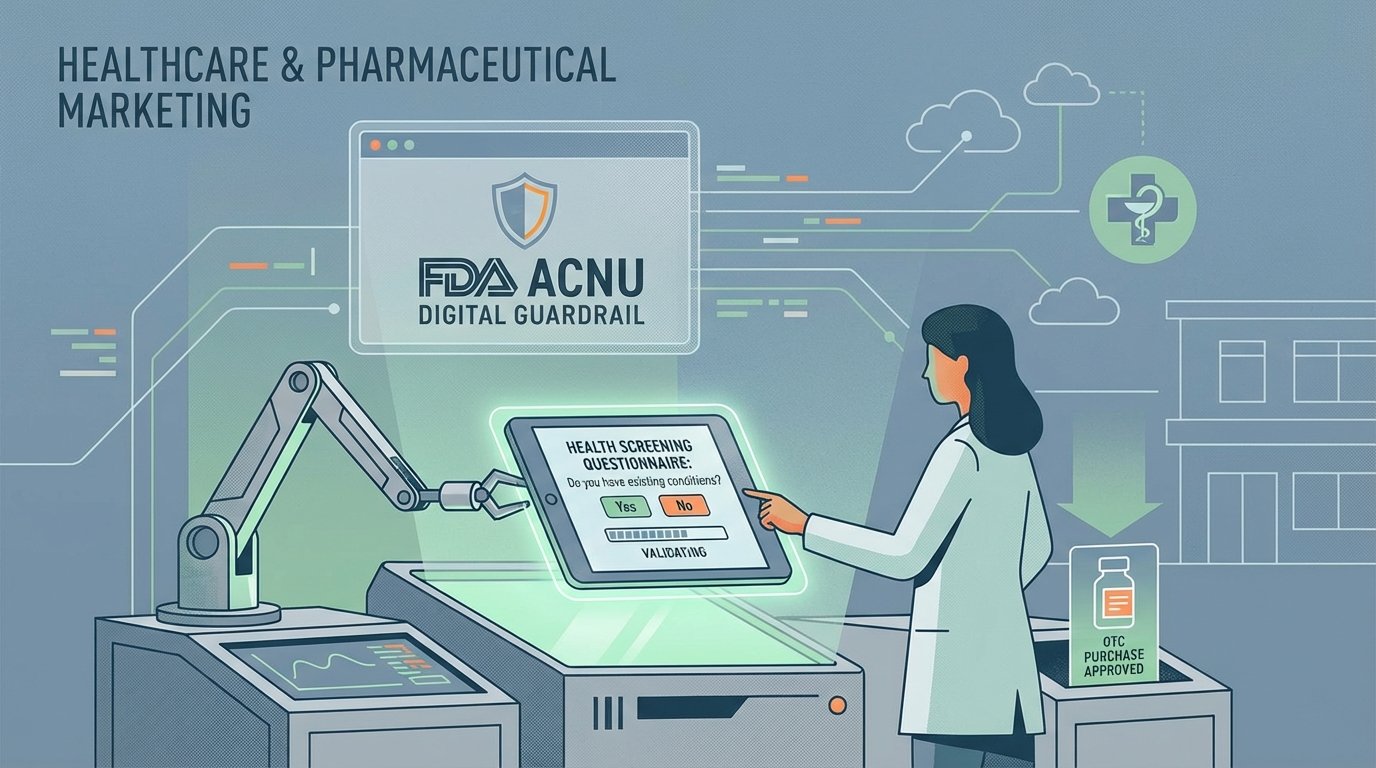 FDA ACNU digital guardrail concept with interactive pharmacy kiosk showing health screening questionnaire before...