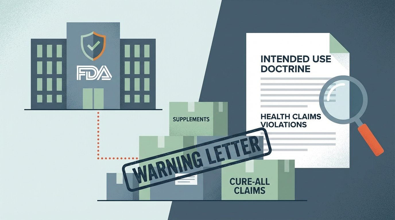 FDA enforcement action scene with misbranded supplement products receiving warning letters, showing the intended use doctrine and health claims violations