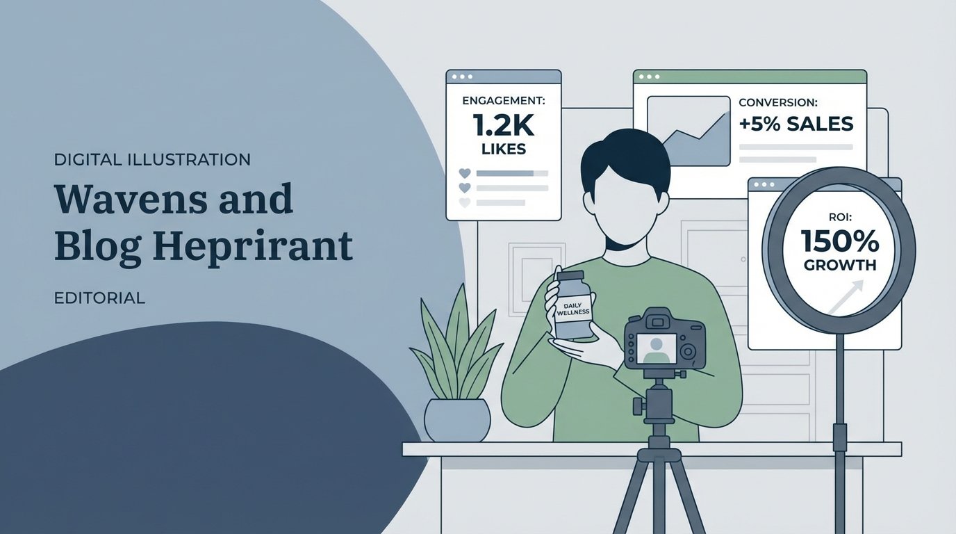 Micro-influencer filming a supplement product review in a home studio with real-time engagement analytics, conversion...