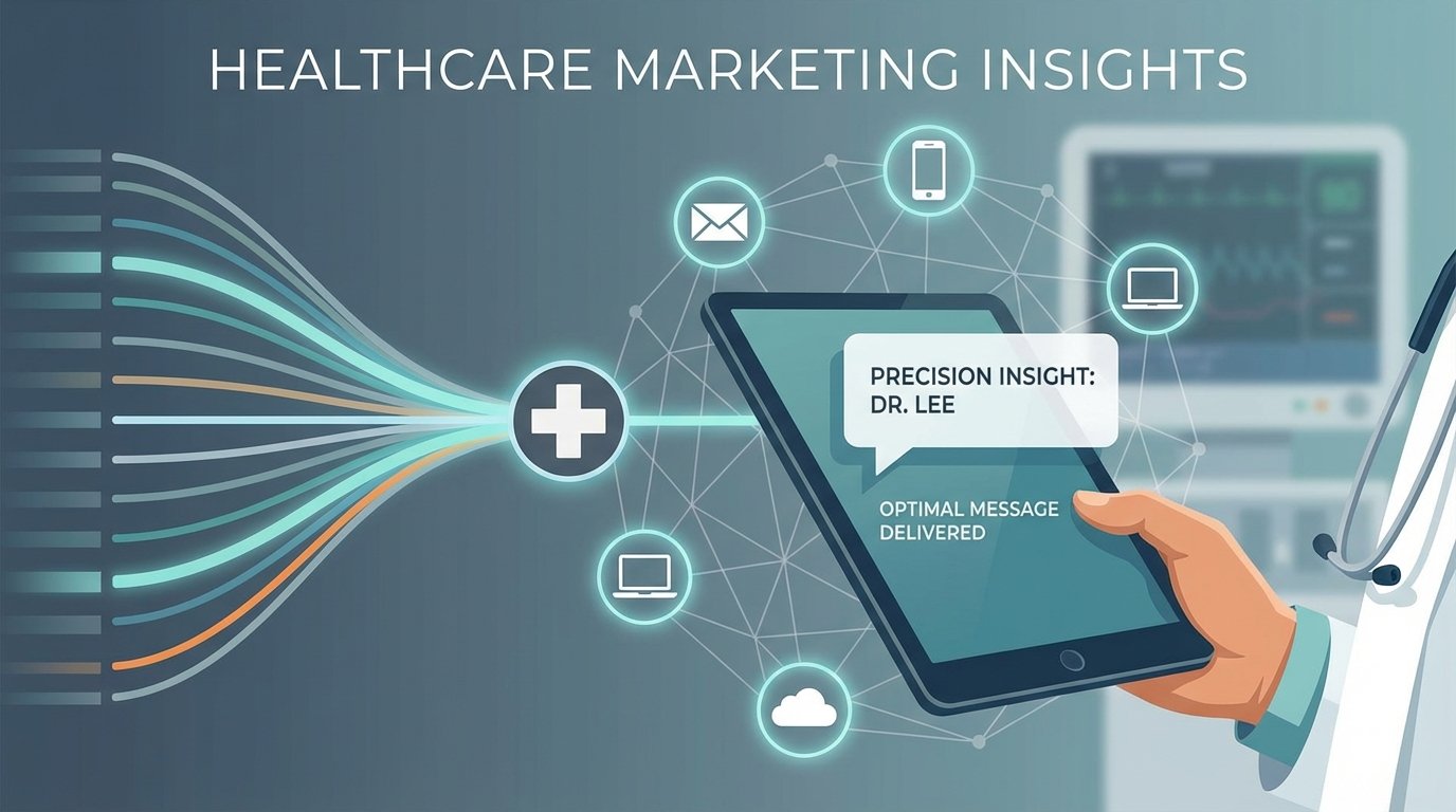 Optichannel precision marketing concept showing a single optimal message delivered to a physician at the exact clinical decision moment via the right digital channel