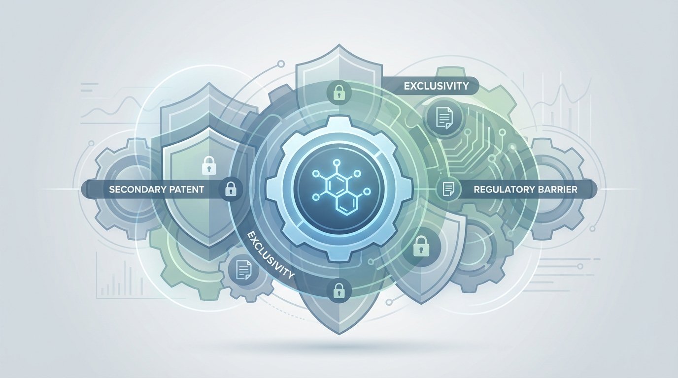 Patent thicket web of protection diagram with interlocking patent layers surrounding a central drug molecule, showing...