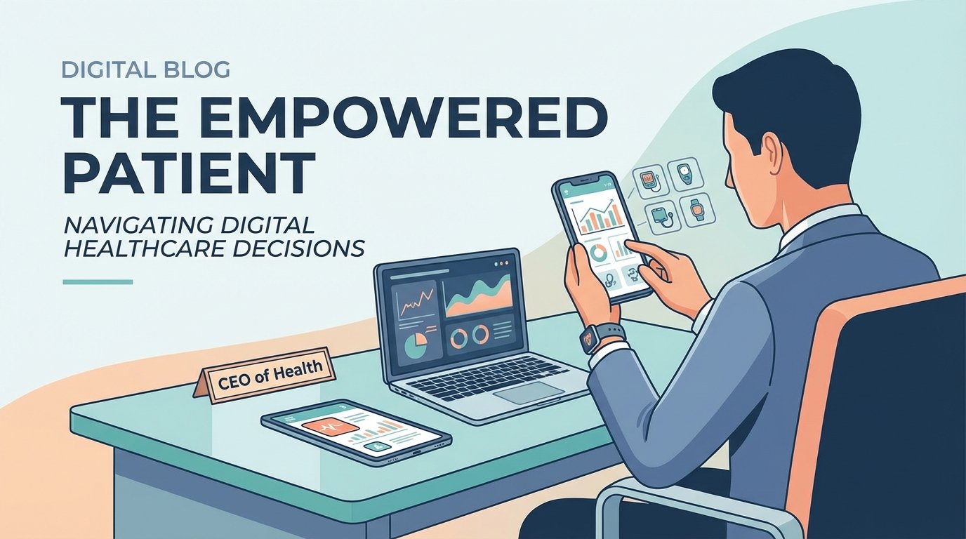 Empowered patient as CEO of their health, using smartphone health apps with medical data, wearable devices, and digital...