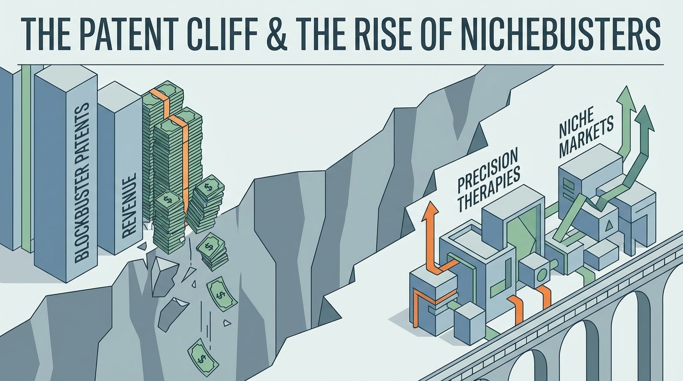 Dramatic patent cliff visualization showing blockbuster drug revenue columns crumbling at the edge while nichebuster...