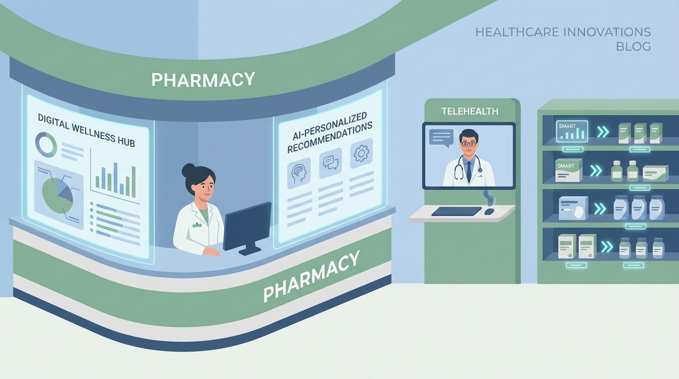 Retail health ecosystem blending pharmacy counter with digital wellness screens, telehealth station, and smart product displays showing AI-personalized recommendations