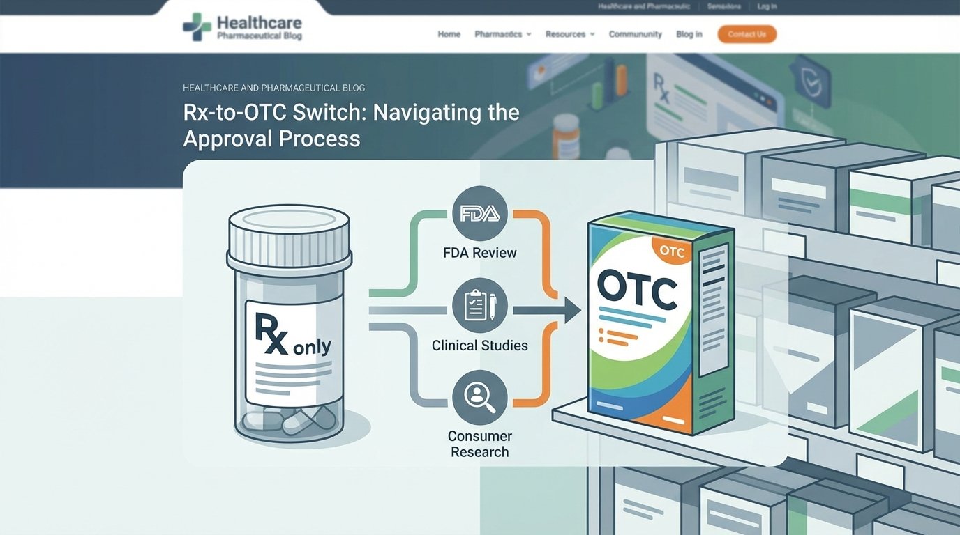 FDA Rx-to-OTC switch approval process visualization with pill bottle transforming from prescription label to...