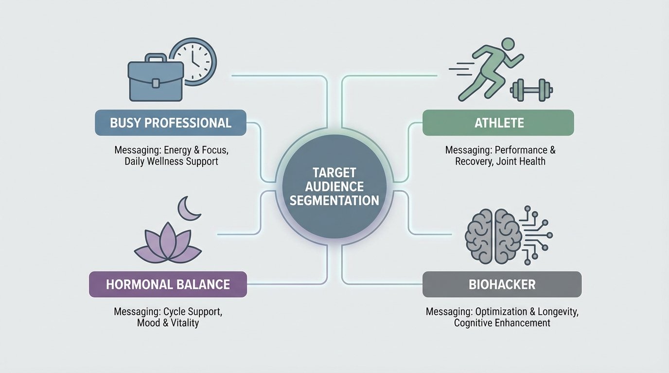 Audience segmentation diagram showing four distinct supplement consumer personas: busy professional, athlete, hormonal...