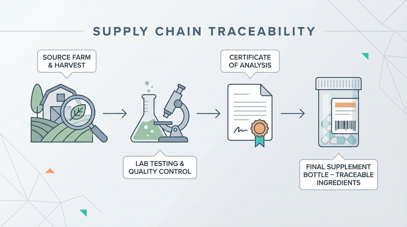 Supply chain traceability visualization showing ingredient journey from source farm through lab testing, certificate of analysis, to final supplement bottle