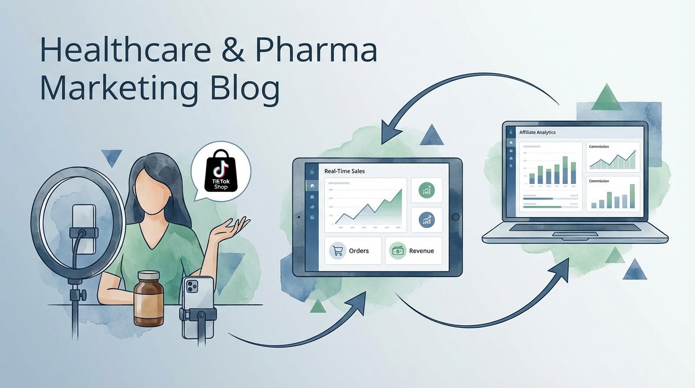 TikTok Shop supplement commerce ecosystem with creator filming product review, real-time sales dashboard, and affiliate...