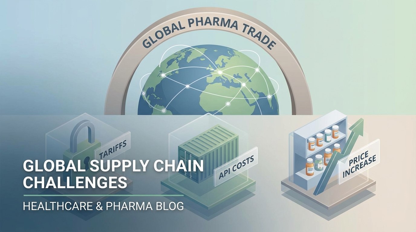 Global trade war impact on pharmacy showing tariff barriers, rising API costs from international supply chains, and medicine price increases on retail shelf